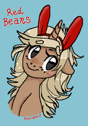 Size: 800x1140 | Tagged: safe, artist:broccolidad, oc, oc only, pony, unicorn, 2013, blonde hair, blue background, brown coat, digital art, fake ears, horn, pixel art, simple background, smiling, solo, unicorn oc