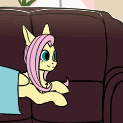 Size: 560x560 | Tagged: safe, artist:sondy, fluttershy, pegasus, pony, g4, animated, behaving like a cat, blanket, couch, cutie mark, dragged, dragging, eyes closed, female, indoors, looking back, lying down, mare, open mouth, plant, ponified animal video, prone, screaming, solo, surprised, window, wings, yoink