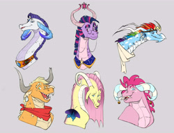 Size: 7800x6000 | Tagged: safe, artist:chub-wub, applejack, fluttershy, pinkie pie, rainbow dash, rarity, twilight sparkle, dragon, g4, alternate hairstyle, bandana, cape, clothes, dragoness, dragonified, dragonjack, fangs, female, flutterdragon, glasses, gray background, horns, mane six, markings, open mouth, pinkiedragon, rainbow dragon, raridragon, simple background, species swap, twilidragon, wings