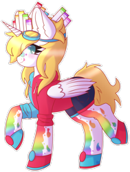 Size: 1472x1942 | Tagged: safe, artist:pasteldraws, oc, oc only, alicorn, pony, blushing, clothes, commission, crown, ear fluff, goggles, hoodie, horn, jewelry, marker crown, markers, paint, paint splatter, rainbow, regalia, shading, shoes, shorts, simple background, solo, transparent background, wings