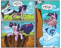 Size: 1976x1548 | Tagged: safe, artist:agnes garbowska, idw, official comic, ms. vine, twilight sparkle, alicorn, earth pony, pony, g4, spoiler:comic, spoiler:comic58, butt, cliff, comic, falling, female, food, mare, plot, salt, twilight sparkle (alicorn), wind