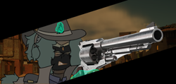 Size: 1440x688 | Tagged: safe, artist:thomas.senko, oc, oc only, oc:thomas senko, pony, unicorn, fallout equestria, bag, cowboy, cowboy hat, dessert, fallout, gun, handgun, hat, horn, magic, movie poster, revolver, solo, unicorn oc