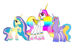 Size: 640x360 | Tagged: safe, artist:sallythepinkdog2024, princess gold lily, princess sterling, oc, oc only, oc:golden lily, oc:rainbow light, oc:sterling, alicorn, pony, series:the downfall of unity, g4, g5, alicorn oc, colored hooves, colored wings, ethereal mane, female, folded wings, g5 to g4, generation leap, gradient legs, hoof on chest, hooves, horn, male, mare, multicolored hair, multicolored wings, open mouth, rainbow eyes, rainbow eyeshadow, rainbow hair, rainbow wings, simple background, stallion, trio, white background, wings