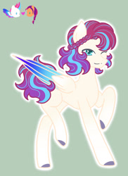 Size: 1024x1406 | Tagged: safe, artist:ocean-drop, sunny starscout, zipp storm, oc, oc:coco paradise, earth pony, pegasus, pony, g5, female, folded wings, lesbian, looking at you, magical lesbian spawn, mare, offspring, one eye closed, parent:sunny starscout, parent:zipp storm, parents:sunnystorm, raised hoof, raised leg, ship:sunnystorm, shipping, simple background, solo focus, tail, wings, wink, winking at you