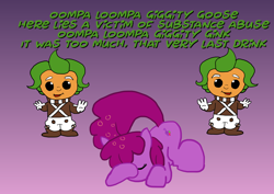 Size: 8000x5660 | Tagged: safe, artist:wissle, berry punch, berryshine, earth pony, pony, g4, absurd resolution, atg 2024, dialogue, drunk, female, gradient background, lying down, mare, newbie artist training grounds, oompa loompa, prone, rhyme, roald dahl, singing, sleeping, willy wonka and the chocolate factory