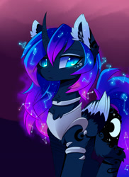 Size: 1600x2200 | Tagged: safe, artist:magnaluna, princess luna, alicorn, pony, g4, arm band, chest fluff, collar, color porn, colored wings, colored wingtips, constellation, constellation hair, curved horn, ear fluff, ethereal mane, ethereal tail, eyeshadow, female, fluffy, folded wings, galaxy mane, gradient background, gradient ears, gradient mane, gradient tail, gradient wings, horn, jewelry, leg fluff, makeup, mare, neck fluff, peytral, purple background, regalia, simple background, slit pupils, solo, sparkly ears, sparkly wings, tail, wings