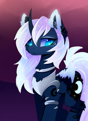 Size: 1600x2200 | Tagged: safe, alternate version, artist:magnaluna, princess luna, alicorn, pony, g4, alternate color palette, alternate design, arm band, chest fluff, collar, color porn, colored wings, colored wingtips, curved horn, ear fluff, ethereal mane, ethereal tail, eyeshadow, female, fluffy, folded wings, gradient background, gradient ears, gradient wings, horn, jewelry, leg fluff, makeup, mare, neck fluff, peytral, purple background, regalia, simple background, slit pupils, solo, sparkly ears, sparkly wings, tail, white-haired luna, wings