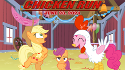 Size: 2063x1160 | Tagged: safe, artist:luckreza8, artist:not-yet-a-brony, artist:slb94, applejack, pinkie pie, scootaloo, earth pony, pegasus, g4, 2024, animal costume, barn, chicken dance, chicken pie, chicken run, chicken suit, chickenjack, clothes, costume, dancing, dreamworks, female, june, lyrics in the description, mare, meme, movie reference, nightmare night costume, party, scootachicken, scootaloo is not amused, song in the description, song reference, unamused, youtube link in the description