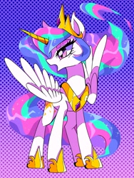 Size: 1200x1600 | Tagged: safe, artist:stacy_165cut, princess celestia, alicorn, pony, g4, abstract background, crown, female, full body, golden horn, gradient background, hoof shoes, jewelry, looking sideways, mare, peytral, princess shoes, regalia, solo