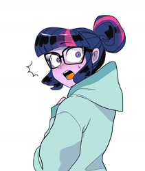 Size: 1600x1900 | Tagged: dead source, safe, artist:cheesesauce_45, sci-twi, twilight sparkle, equestria girls, g4, blush lines, blushing, clothes, colored, cute, emanata, embarrassed, eyebrows, eyebrows visible through hair, female, glasses, hair bun, hoodie, looking at you, oversized clothes, purple eyes, purple skin, shiny hair, shocked, shocked expression, shrunken pupils, simple background, solo, square glasses, surprised, sweat, sweatdrop, three toned hair, tied hair, tri-color hair, tri-colored tail, tricolor hair, tricolored tail, twiabetes, white background