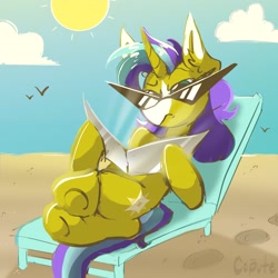 Size: 2048x2048 | Tagged: safe, artist:cupute, oc, oc only, bird, pony, unicorn, badass, beach, beach chair, blue sky, cel shading, chair, clothing, cloud, colored eartips, colored muzzle, confused, confusion, eyebrows, furrowed brow, hoofprint, hoofprints, horn, land, lying down, mohawk, mullet, ocean, on back, purple mane, purple tail, raised eyebrow, render, sand, scenery, shading, shiny mane, sitting, sky, solo, sun, sunglasses, tail, tanning, tanning mirror, teal mane, teal tail, twitter link, unicorn oc, water, yellow coat