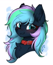 Size: 3340x4096 | Tagged: safe, artist:lunylin, oc, oc only, oc:crystal, pony, :3, blushing, bust, chest fluff, collar, commission, ear fluff, eye clipping through hair, eyebrows, eyebrows visible through hair, female, fluffy, high res, mare, portrait, simple background, smiling, solo, white background