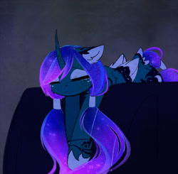 Size: 1380x1353 | Tagged: safe, artist:magnaluna, princess luna, alicorn, pony, g4, alternate hairstyle, cheek fluff, color porn, colored wings, colored wingtips, curved horn, ear fluff, ethereal mane, ethereal tail, eyes closed, eyeshadow, female, floppy ears, folded wings, galaxy mane, galaxy tail, hoof shoes, horn, leg fluff, lying down, makeup, mare, missing accessory, multicolored wings, princess shoes, prone, sad, solo, tail, wings