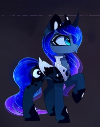 Size: 1472x1876 | Tagged: safe, alternate version, artist:magnaluna, princess luna, alicorn, pony, zefiros codex, g4, alternate universe, colored wings, colored wingtips, crown, ethereal mane, ethereal tail, female, folded wings, galaxy mane, galaxy tail, hoof shoes, horn, jewelry, looking at something, mare, multicolored wings, peytral, princess shoes, profile, raised hoof, regalia, solo, tail, wings