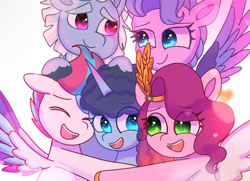 Size: 2484x1800 | Tagged: safe, artist:jaanhavi, alphabittle blossomforth, misty brightdawn, pipp petals, queen haven, zipp storm, pegasus, pony, unicorn, g5, my little pony: make your mark, my little pony: tell your tale, adorapipp, adorazipp, colored wings, crown, cute, diadem, eye clipping through hair, eyes closed, father and child, father and daughter, female, floating heart, group, heart, horn, hug, jewelry, male, mare, mistybetes, mother and child, mother and daughter, multicolored wings, open mouth, open smile, rebirth misty, regalia, royal sisters (g5), ship:alphahaven, shipping, siblings, simple background, sisters, smiling, spread wings, stallion, stepsisters, straight, white background, wings