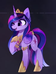 Size: 1487x1974 | Tagged: safe, alternate version, artist:magnaluna, twilight sparkle, alicorn, pony, g4, colored wings, colored wingtips, crown, cute, female, folded wings, gradient wings, hoof shoes, horn, jewelry, looking at something, mare, multicolored wings, older, older twilight, one eye closed, open mouth, open smile, peytral, princess shoes, raised hoof, regalia, smiling, solo, tail, twiabetes, twilight sparkle (alicorn), ultimate twilight, wings, wink