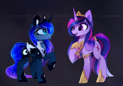 Size: 2907x2022 | Tagged: safe, artist:magnaluna, princess luna, twilight sparkle, alicorn, pony, g4, age swap, colored wings, colored wingtips, crown, cute, duo, duo female, ethereal mane, ethereal tail, female, folded wings, galaxy mane, galaxy tail, gradient wings, high res, hoof shoes, horn, jewelry, looking at each other, looking at someone, lunabetes, mare, multicolored wings, one eye closed, open mouth, open smile, peytral, princess shoes, profile, raised hoof, regalia, role reversal, simple background, smiling, tail, twiabetes, twilight sparkle (alicorn), wings