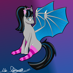 Size: 3500x3500 | Tagged: safe, artist:naret_web, oc, oc only, oc:badbat, bat pony, pony, bat ears, bat eyes, bat pony oc, bat wings, clothes, female, gradient background, headphones, looking at you, sitting, socks, solo, striped socks, vein, wings