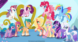 Size: 1280x696 | Tagged: safe, artist:kittypaintyt, applejack, fluttershy, hitch trailblazer, izzy moonbow, pinkie pie, pipp petals, rainbow dash, rarity, sunny starscout, twilight sparkle, zipp storm, earth pony, pegasus, pony, unicorn, g4, g5, alternate design, alternate hairstyle, applejack (g5 concept leak), blaze (coat marking), bracelet, braid, coat markings, colored hooves, colored horn, colored pupils, colored wings, comparison, crown, decoration, earth pony twilight, expectation vs reality, eyeshadow, facial markings, feathered fetlocks, female, fluttershy (g5 concept leak), flying, g5 concept leak style, g5 concept leaks, gradient mane, gradient tail, happy, hitch and his 2nd heroine, hitch and his heroine, hooves, horn, izzy and her 2nd heroine, jewelry, long hair, long mane, long tail, looking at each other, looking at someone, makeup, male, mane five, mane six (g5 concept leak), multicolored wings, open mouth, open smile, pegasus pinkie pie, pinkie pie (g5 concept leak), pipp and her 2nd heroine, race swap, rainbow dash (g5 concept leak), rainbow wings, raised hoof, rarity (g5 concept leak), regalia, signature, smiling, smiling at each other, socks (coat markings), spread wings, standing, sunny and her heroine, surprised, tail, twilight sparkle (g5 concept leak), two toned mane, two toned tail, unicorn fluttershy, unshorn fetlocks, wings, zipp and her heroine