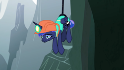 Size: 1920x1080 | Tagged: safe, screencap, princess luna, alicorn, pony, between dark and dawn, g4, clothes, female, hard hat, hat, headlamp, mountain, rope, solo, tired eyes, vest