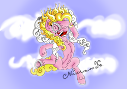 Size: 1024x717 | Tagged: safe, artist:micaruss, pinkie pie, earth pony, pony, g4, cloud, female, gear fifth, gomu gomu no mi, hoof on face, laughing, mare, one piece, open mouth, open smile, outdoors, signature, smiling, solo, underhoof, unshorn fetlocks