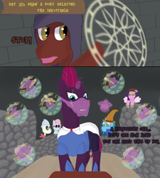 Size: 2840x3160 | Tagged: safe, artist:khazard, kerfuffle, misty brightdawn, pipp petals, skellinore, tempest shadow, pegasus, skeleton pony, unicorn, series:grogar's game, g4, g5, armor, armored pony, atg 2024, black mage, bone, broken horn, face veil, horn, magic, magic circle, newbie artist training grounds, offscreen character, pov, skeleton, spellsword, sword, veil, weapon