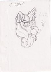 Size: 600x845 | Tagged: safe, artist:micaruss, opaline arcana, alicorn, pony, g5, bust, female, grayscale, horn, mare, monochrome, portrait, signature, smiling, solo, traditional art