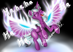 Size: 800x564 | Tagged: safe, artist:micaruss, opaline arcana, alicorn, fire alicorn, pony, g5, evil laugh, eyes closed, female, fire, horn, laughing, mare, open mouth, open smile, rearing, signature, smiling, solo, spread wings, tail, wings