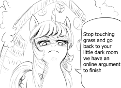 Size: 1956x1423 | Tagged: safe, artist:anonymous, twilight sparkle, pony, unicorn, g4, bookshelf, doorway, drawthread, female, golden oaks library, horn, internet argument, lineart, looking at you, mare, meme, monochrome, ponified manga, ponified meme, requested art, solo, talking to viewer, touch grass, unicorn twilight