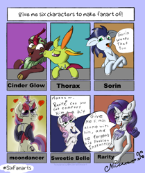 Size: 600x717 | Tagged: safe, artist:micaruss, cinder glow, moondancer, rarity, soarin', summer flare, sweetie belle, thorax, changedling, changeling, kirin, pegasus, pony, unicorn, g4, cheek kiss, chest fluff, clothes, cloven hooves, crossed hooves, dialogue, female, filly, floating heart, foal, heart, hooves together, horn, king thorax, kissing, lidded eyes, male, mare, misspelling, open mouth, open smile, raised hoof, shipping, signature, six fanarts, smiling, speech bubble, stallion, sweater
