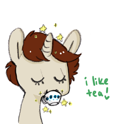Size: 1280x1335 | Tagged: safe, artist:askteabean, oc, oc only, oc:teabean, pony, unicorn, ask, cute, drink, drinking, eyes closed, food, horn, magic, ocbetes, simple background, solo, tea, tumblr, unicorn oc, white background