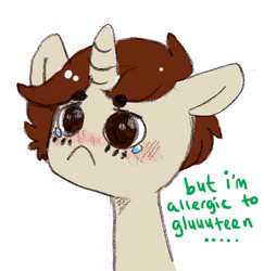 Size: 640x659 | Tagged: safe, artist:askteabean, oc, oc only, oc:teabean, pony, unicorn, :c, allergies, ask, brown hair, crying, cute, frown, horn, ocbetes, simple background, solo, tan coat, tumblr, unicorn oc, white background
