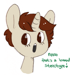 Size: 937x960 | Tagged: safe, artist:askteabean, oc, oc only, oc:teabean, pony, unicorn, :o, british, brown eyes, brown hair, cute, dialogue, horn, ocbetes, open mouth, simple background, solo, tan coat, unicorn oc, white background