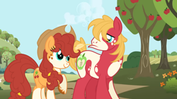 Size: 1280x716 | Tagged: safe, artist:monochrome-sunsets, applejack, big macintosh, earth pony, pony, g4, alternate design, alternate eye color, alternate mane color, alternate tail color, apple, apple tree, applejack's hat, bald face, blaze (coat marking), blonde mane, blonde tail, blue eyes, brown hooves, coat markings, colored hooves, colored muzzle, cowboy hat, curly mane, curly tail, duo, duo male and female, facial markings, female, freckles, hat, hooves, lidded eyes, looking at each other, looking at someone, male, mare, mealy mouth (coat marking), missing accessory, orange coat, outdoors, pinto, ponytail, raised hoof, red coat, red mane, red tail, smiling at someone, socks (coat markings), stallion, standing, stetson, straw in mouth, sweet apple acres, tail, tied mane, tied tail, tree, unshorn fetlocks, wall of tags
