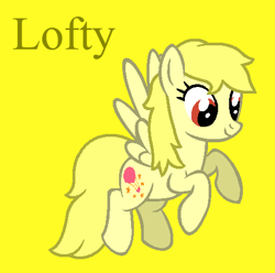 Size: 497x493 | Tagged: safe, artist:jigglewiggleinthepigglywiggle, lofty, pegasus, pony, g1, g4, base used, closed mouth, cute, female, flying, full body, g1 to g4, generation leap, lofty can fly, loftybetes, mare, red eyes, simple background, smiling, solo, straight hair, straight mane, straight tail, tail, text, yellow background, yellow hair, yellow mane, yellow tail, yellow text