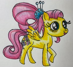 Size: 2927x2702 | Tagged: safe, artist:jewelswirlix, fluttershy, pegasus, pony, g4, female, mare, older, older fluttershy, open mouth, open smile, raised hoof, smiling, solo, spread wings, traditional art, wings