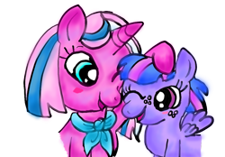Size: 1024x712 | Tagged: safe, artist:jewelswirlix, clear sky, wind sprint, pegasus, pony, unicorn, g4, blushing, duo, duo female, female, filly, foal, head pat, hoof on head, horn, mare, mother and child, mother and daughter, neckerchief, one eye closed, open mouth, open smile, pat, simple background, smiling, spread wings, transparent background, wings