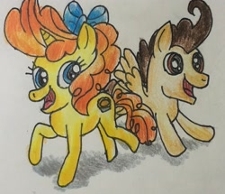 Size: 3153x2709 | Tagged: safe, artist:jewelswirlix, pound cake, pumpkin cake, pegasus, pony, unicorn, g4, bow, brother and sister, cake twins, duo, duo male and female, female, hair bow, horn, male, open mouth, open smile, raised hoof, siblings, smiling, spread wings, tail, traditional art, twins, wings