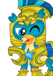 Size: 720x1030 | Tagged: safe, artist:jewelswirlix, gallus, griffon, g4, the last problem, armor, beak, folded wings, one eye closed, open mouth, royal guard, royal guard armor, royal guard gallus, simple background, solo, transparent background, wings, wink