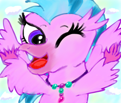 Size: 700x600 | Tagged: safe, artist:jewelswirlix, silverstream, classical hippogriff, hippogriff, g4, beak, jewelry, necklace, one eye closed, open mouth, open smile, raised arms, smiling, solo, wink