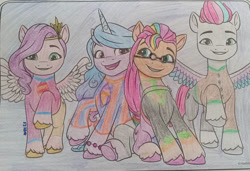 Size: 750x513 | Tagged: safe, artist:starrscout-23, izzy moonbow, pipp petals, sunny starscout, zipp storm, earth pony, pegasus, pony, unicorn, g5, background pony hitch, blue background, clothes, coloring page, cute, diadem, female, george harrison, glasses, gradient mane, horn, jewelry, john lennon, mane stripe sunny, mare, necktie, pants, paul mccartney, raised hoof, regalia, ringo starr, round glasses, royal sisters (g5), siblings, signature, simple background, sisters, sitting, spread wings, the beatles, wings, yellow submarine