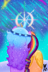 Size: 1200x1800 | Tagged: safe, artist:jesslmc16, izzy moonbow, sunny starscout, alicorn, auroricorn, unicorn, g5, my little pony: make your mark, my little pony: make your mark chapter 6, secrets of starlight, aurora borealis, auroral flare, duo, duo female, female, glowing, glowing horn, glowing wings, gradient background, headband, horn, jewelry, lesbian, mane stripe sunny, mare, multicolored hair, race swap, ship:moonscout, shipping, signature, sitting, snow, starlight ridge, sunnycorn, wings