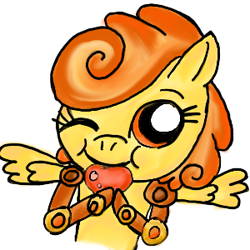 Size: 300x300 | Tagged: safe, artist:jewelswirlix, oc, oc only, oc:peachy punch, pegasus, pony, amputee, eating, female, food, herbivore, mare, namesake, one eye closed, peach, pegasus oc, prosthetic limb, prosthetics, pun, simple background, smiling, solo, spread wings, transparent background, visual pun, wings, wink