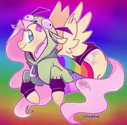Size: 1349x1333 | Tagged: safe, artist:sillyp0ne, fluttershy, pegasus, pony, antonymph, cutiemarks (and the things that bind us), vylet pony, g4, blue eyelashes, blush scribble, blushing, clothes, colored eyelashes, ear piercing, earring, eyelashes, female, fluttgirshy, flying, gay pride flag, gir, gradient background, halftone, hoodie, invader zim, jewelry, long mane, long tail, looking back, mare, mismatched socks, outline, patterned background, piercing, pink mane, pink tail, pride, pride flag, profile, rainbow background, raised leg, screentone, shiny mane, shiny tail, signature, smiling, socks, solo, spread wings, tail, teal eyes, trans fluttershy, transgender, transgender pride flag, wavy mane, wavy tail, wings, yellow coat