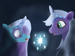 Size: 1280x960 | Tagged: safe, artist:addelum, comet (g5), violet frost, auroricorn, pony, g5, 2024, duo, duo male and female, female, glasses, glowing, horn, male, mare, open mouth, open smile, signature, smiling, stallion