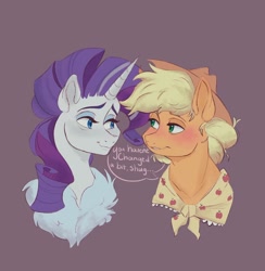 Size: 1242x1275 | Tagged: safe, artist:creaturedeerr, applejack, rarity, earth pony, pony, unicorn, g4, bust, chest fluff, clothes, dialogue, duo, duo female, female, granny smith's shawl, horn, lesbian, older, older applejack, older rarity, scarf, ship:rarijack, shipping, smiling