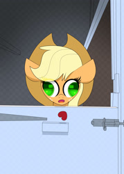 Size: 2500x3500 | Tagged: safe, artist:scandianon, applejack, earth pony, pony, g4, applejack's hat, checkered background, colored, cowboy hat, derp, door, drawthread, eyebrows, eyebrows visible through hair, female, fixed version, freckles, hat, heart, latch, locked, mare, open mouth, pattern, ponified animal photo, ponified horse, ponified horse photo, requested art, rounded rectangular catchlights, solo