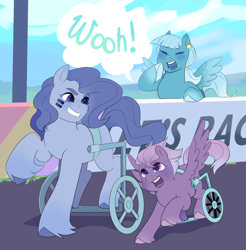 Size: 2133x2164 | Tagged: safe, artist:aztrial, idw, earth pony, pegasus, pony, g5, kenbucky roller derby #5, my little pony: kenbucky roller derby, spoiler:comic, spoiler:g5comic, background pony, smiling, speech bubble, trio, unnamed character, unnamed pony, wheelchair