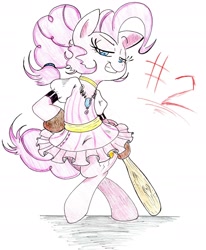 Size: 1824x2212 | Tagged: safe, artist:doccobb, pinkie pie, earth pony, pony, g4, 2013, alternate hairstyle, atg 2013, bad girl, baseball bat, choker, chokerpie, clothes, dress, female, gloves, grin, jewelry, mare, necklace, newbie artist training grounds, old art, smiling, solo, traditional art