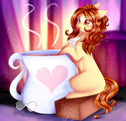 Size: 3149x3035 | Tagged: safe, artist:krissstudios, oc, oc only, earth pony, pony, chest fluff, coat markings, colored chest fluff, colored eartips, cup, facial markings, female, heart, heart mark, mare, micro, sitting, solo, star (coat marking), teacup